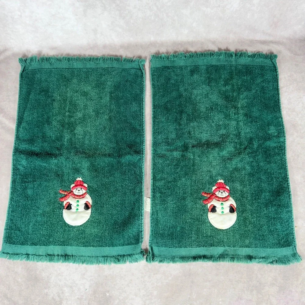 Vtg Christmas Fingertip Towels Lot 2 Green Embroidered Teddy Bear Snowman Fringe